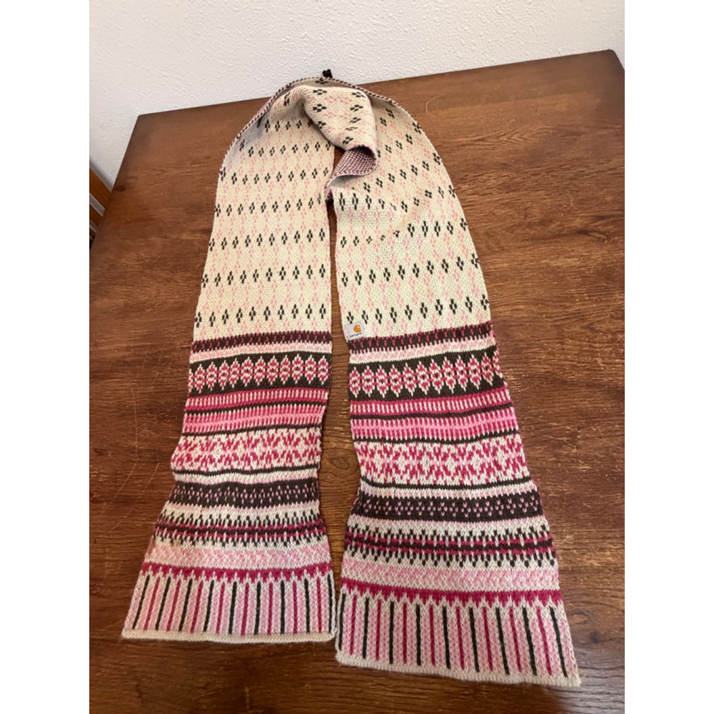 Carhartt Knit Scarf Fair Isle Pink Brown Nordic Pattern Logo Winter Unisex
